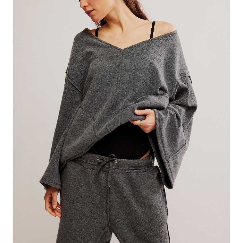 Free People Charcoal Gray Oversized V-Neck Sweatshirt
